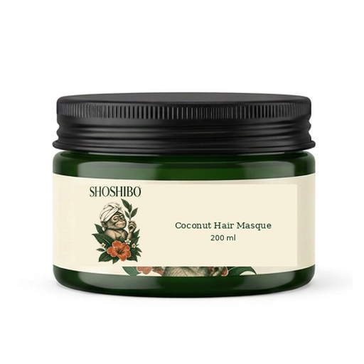Coconut Hair Masque, with the complete Shoshibo towel-turban monkey logo on its label