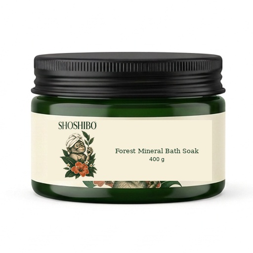 Forest Mineral Bath Soak, with the complete Shoshibo towel-turban monkey logo on its label