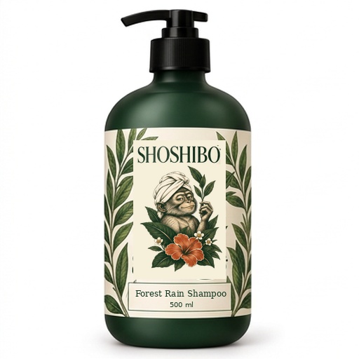 Forest Rain Shampoo, with the complete Shoshibo towel-turban monkey logo on its label