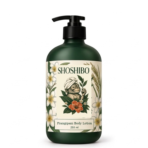 Frangipani Body Lotion, with the complete Shoshibo towel-turban monkey logo on its label