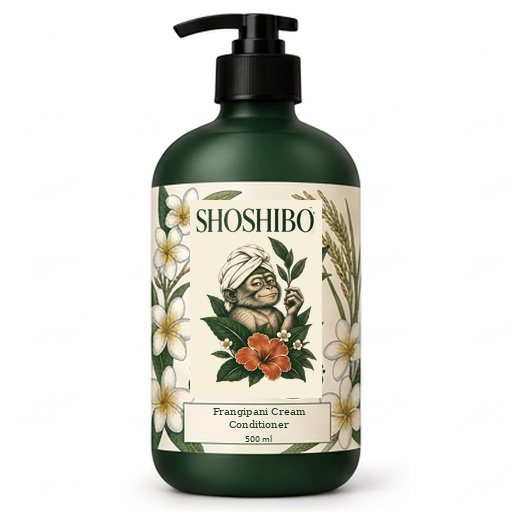 Frangipani Cream Conditioner, with the complete Shoshibo towel-turban monkey logo on its label