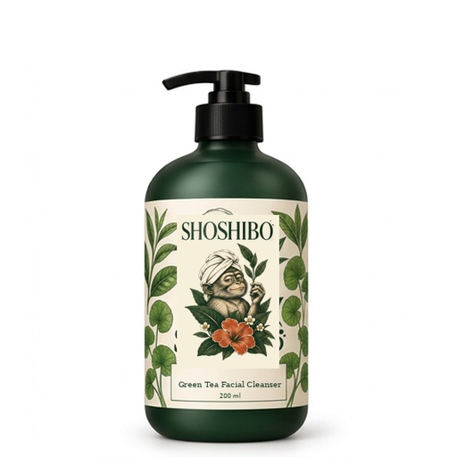 Green Tea Facial Cleanser, with the complete Shoshibo towel-turban monkey logo on its label