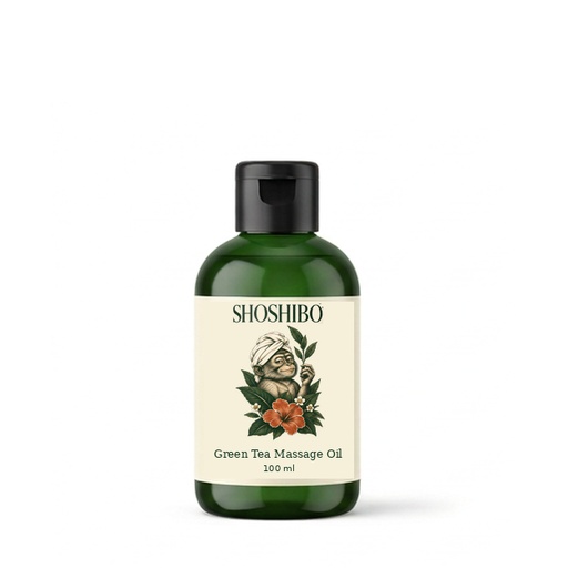Green Tea Massage Oil, with the complete Shoshibo towel-turban monkey logo on its label