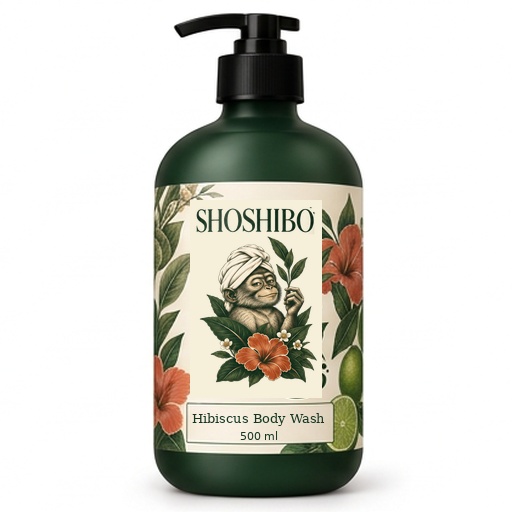 Hibiscus Body Wash, with the complete Shoshibo towel-turban monkey logo on its label