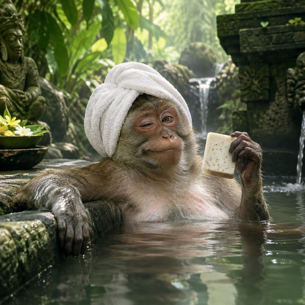 A relaxed monkey in a towel turban holding a Shoshibo soap in a jungle spring