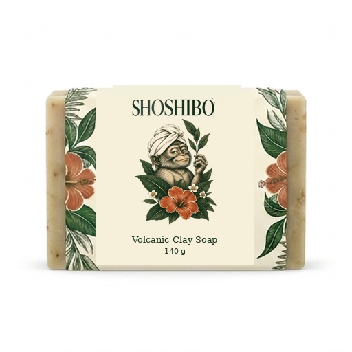 Volcanic Clay Soap, with the complete Shoshibo towel-turban monkey logo on its label
